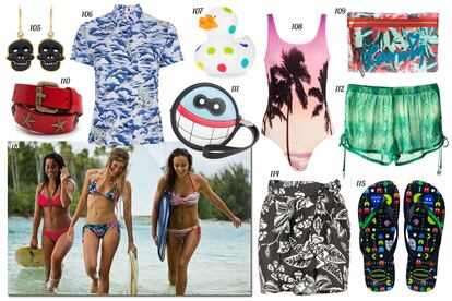 105. House of Wairs Pendientes de calaveras. 106. Lacoste L!VE Camisa de manga corta con estampado tropical. 107. Topshop Patito con bálsamo labial. 108. Bershka Bañador con print de palmeras y playa. 109. Lanvin Clutch con print de flores. 110. Mango Cinturón con estrellas. 111. Walt by Walter Van Beirendonck Clutch redondo con cara. 112. H&M Shorts estampados con cordones en los laterales. 113. Roxy. 114. Isabel Marant Falda-pareo con print de flores. 115. Havaianas Flip flops con print de Pac Man.