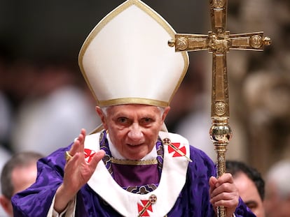 Pope Benedict XVI leads the Ash Wednesday service at the St. Peter's Basilica on February 13, 2013, in Vatican City.