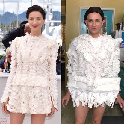 Lenk imitó el vestido que llevó la actriz Caitriona Balfe a Cannes con una toalla y papel higiénico.