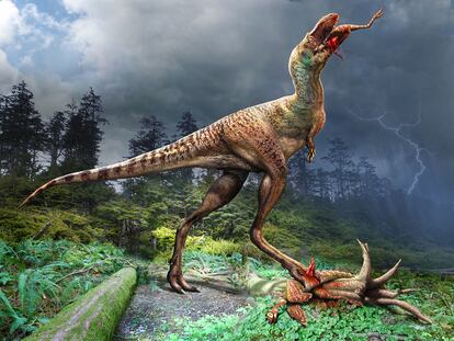 Representación artística de un gorgosaurio devorando a una presa.