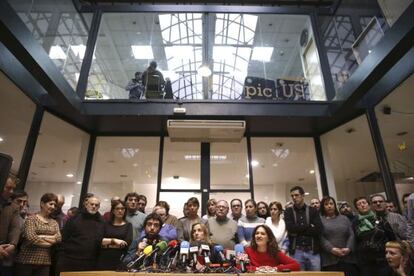 Tania Sánchez, acompañada de otros exmiembros de IU, durante la rueda de prensa de este jueves.