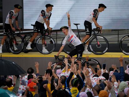 El esloveno Tadej Pogacar, este jueves durante la presentación del Tour de Francia en Bilbao.