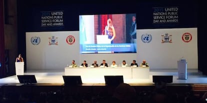 Acto de las Naciones Unidas en Medellín (Colombia), donde han sido premiados Emakunde e Irekia.