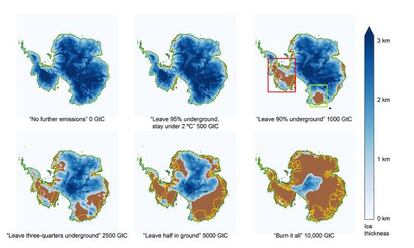 Evoluci&oacute;n de la capa de hielo desde el escenario m&aacute;s optimista (cero emisiones) hasta el m&aacute;s pesimista (uso de todo el petr&oacute;leo)