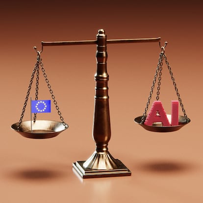 Conceptual image of a justice scale with a European flag and an artificial intelligence symbol to symbolize concepts around new laws and legislations around AI and AGI