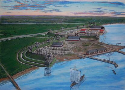 Ilustración que reconstruye el fuerte romano Velsen 1, situado cerca de Ámsterdam.