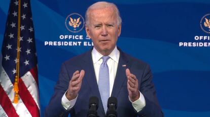 Fotograma del vídeo distribuido por la Oficina del Presidente Electo, Joe Biden, pronunciando un mensaje sobre la violencia en el Capitolio.