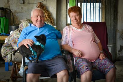 Antonio Cuesta y Alicia Castro posan con su perro en la vivienda de Cañada Real sector Galeana.