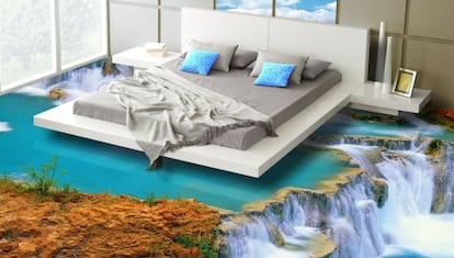La cama se sustenta sobre una cascada, de Suelo 3D.