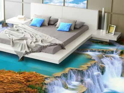 La cama se sustenta sobre una cascada, de Suelo 3D.