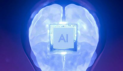 Logo de IA dentro de una bombilla y sobre un cerebro