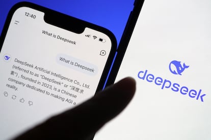 The DeepSeek logo displayed alongside its AI assistant app, January 28, 2025.