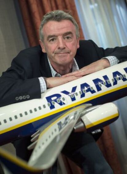 Ryanair CEO Michael O'Leary poses at the Madrid press conference.