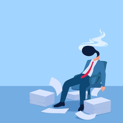The man sits exhausted on a chair, his head turned into a smoking matchstick, an illustration of exhaustion.