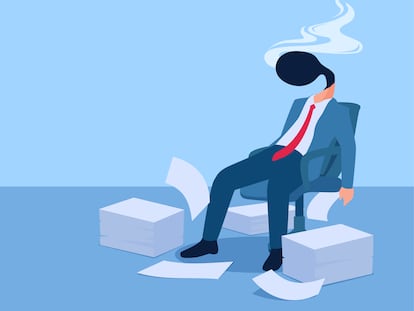 The man sits exhausted on a chair, his head turned into a smoking matchstick, an illustration of exhaustion.