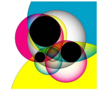 Dados tres círculos (los marcados en negro), ¿Cuántos círculos tangentes a ellos existen? En la imagen se representan con diferentes colores. Imagen: Melchoir.