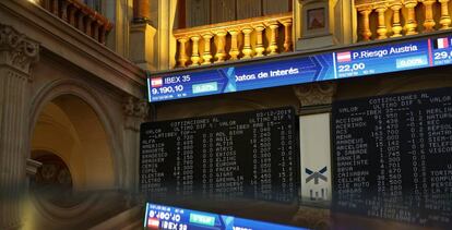 Vista de un panel de la Bolsa de Madrid del principal indicador de la Bolsa española, el IBEX 35. 