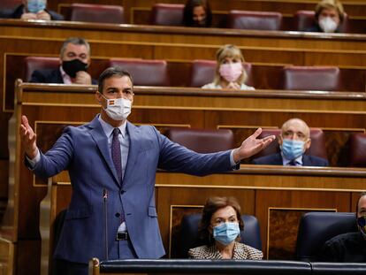 El presidente del Gobierno, Pedro Sánchez, durante la sesión de control al Gobierno en el Congreso de los Diputados, este miércoles en Madrid.