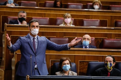 El presidente del Gobierno, Pedro Sánchez, durante la sesión de control al Gobierno en el Congreso de los Diputados, este miércoles en Madrid.