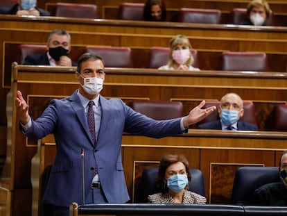 El presidente del Gobierno, Pedro Sánchez, durante la sesión de control al Gobierno en el Congreso de los Diputados, este miércoles en Madrid.