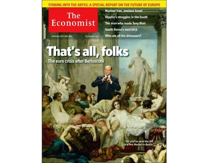 Silvio Berlusconi se ajustaba la corbata tras una bacanal en una portada del 13 de noviembre de 2011, sobre la crisis del euro tras la salida del presidente italiano del poder. "That's all, folks".