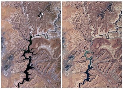 A la derecha, una imagen captada por la NASA de la situación del lago Powell en 2015. La fotografía contrasta con otra instantánea realizada por la agencia norteamericana en 1991 (a la izquierda). La comparación entre ambas alerta de las consecuencias que está dejando la sequía en esa reserva hidrológica.