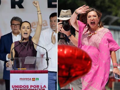 La oficialista Claudia Sheinbaum (izquierda), y la opositora Xóchitl Gálvez, durante sus respectivos cierres de campaña en Ciudad de México.