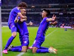 MEXICO CITY, MEXICO - MAY 30: Jonathan Rodriguez (C) of Cruz Azul celebrates with Santiago Gimenez (L) and Guillermo Fernandez (R) after scoring his team's first goal during the Final second leg match between Cruz Azul and Santos Laguna as part of Torneo Guard1anes 2021 Liga MX at Azteca Stadium on May 30, 2021 in Mexico City, Mexico. (Photo by Mauricio Salas/Jam Media/Getty Images)