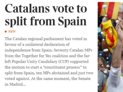 Noticia de apertura del periódico británico 'The Times': "Los catalanes votan separarse de España".
