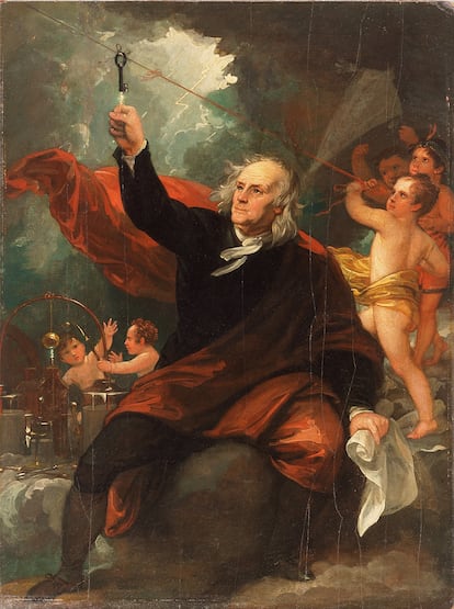 'Benjamin Franklin extrayendo electricidad del cielo' (hacia 1816, óleo sobre pizarra de Benjamin West).