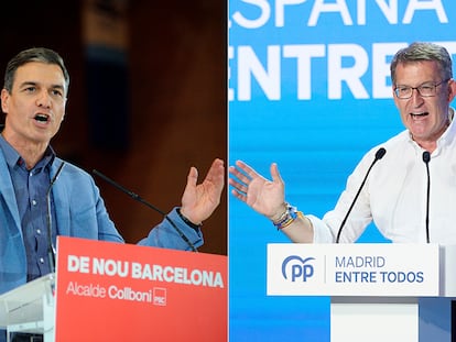 Pedro Sánchez y Alberto Núñez Feijoó, durante el cierre de campaña del 28 de mayo