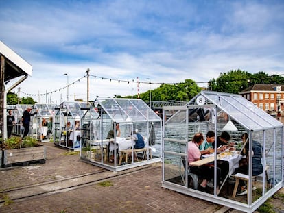 Los clientes de un restaurante de Ámsterdam ocupan pequeños invernaderos para mantener la distancia de seguridad.