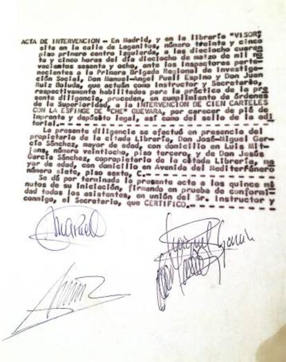 Documento del secuestro por parte de los censores franquistas de 100 carteles del Che Guevara, incautados con el pretexto de que no tenían "pie de imprenta y depósito legal, así como el sello de la editorial".