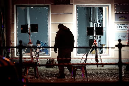 Russian investigators work at the site of an explosion at a cafe in St. Petersburg, Russia, on April 2, 2023.