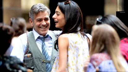 George y Amal Clooney durante el rodaje de 'Money Monster', en Nueva York.