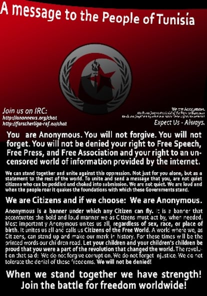 Cartel colgado en inglés por Anonymous en las webs públicas tunecinas atacadas a petición de los jóvenes internautas.