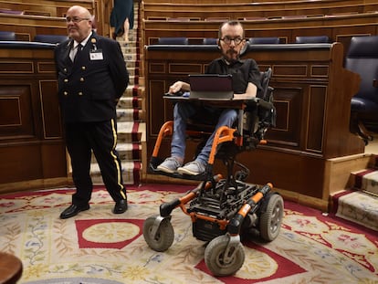 El portavoz de Unidas Podemos en el Congreso, Pablo Echenique, durante la primera jornada de la 26ª edición del Debate sobre el Estado de la Nación, en el Congreso de los Diputados, en julio.