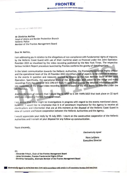 Carta del director de Frontex pidiendo explicaciones a las autoridades griegas sobre violaciones de derechos humanos.