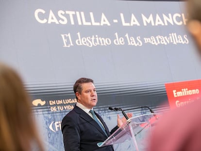 El presidente de Castilla-La Mancha, Emiliano García-Page, en un acto este miércoles en Fitur, en Madrid.