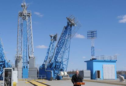 Putin gives a speech after the launch of the Soyuz-2, at the Vostochny Cosmodrome.