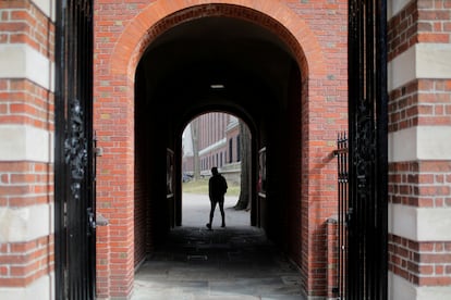 Un hombre atraviesa un arco en la Universidad Harvard.