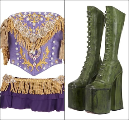 El conjunto violeta de dos piezas que Chappell Roan luci en Sacramento el 25 de septiembre de 2023 (izquierda). Y las botas Marc Jacobs que la cantante us para su sesin de fotos de la portada de la revista 'Rolling Stone' el septiembre pasado (derecha). 