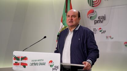 El presidente del EBB del PNV, Andoni Ortuzar, durante la presentación de la celebración del Aberri Eguna.