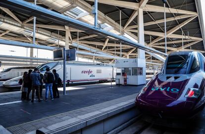 Un tren de Avlo y AVE, ambos de Renfe, a mediados de febrero en la estación Joaquín Sorolla de Valencia.