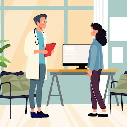 Health care illustration concept shows a woman come to see the doctor in the relaxing hospital, the interior of hospital makes people feeling comfortable.