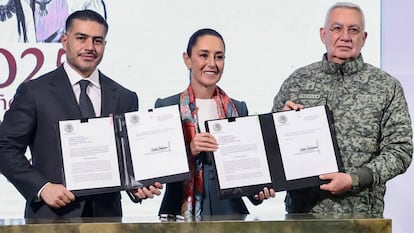 Omar García Harfuch, Claudia Sheinbaum y Ricardo Trevilla Trejo
