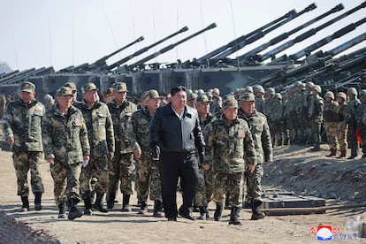 Kim Jong-un supervises military exercises on March 7, 2024, in an official photo.