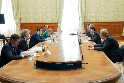 Encuentro entre el Gobierno y la oposición en Italia, el pasado 1 de abril en el Palacio Chigi, sede del Ejecutivo italiano, en Roma.