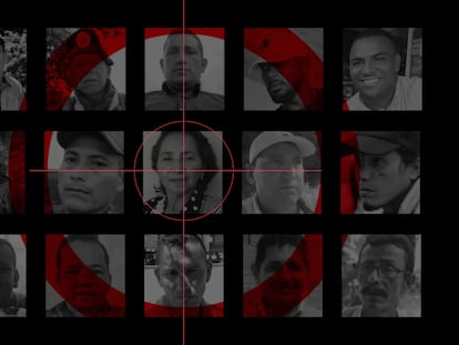 Rostros de líderes sociales asesinados en Colombia.