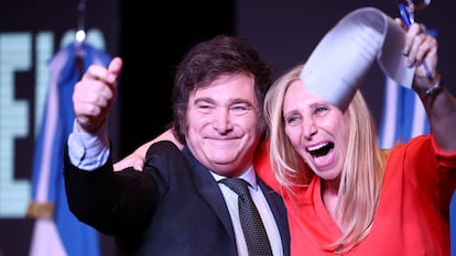 President-elect Javier Milei and his sister Karina Milei after the election results in Argentina, in Buenos Aires, on Sunday.
